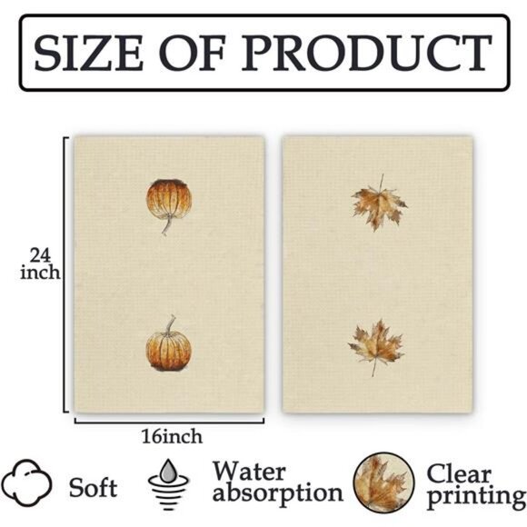 Fall Pumpkin Kitchen Towels - Set of 2, Vintage‎ Pumpkin Maple Leaves Decorative - Picture 3 of 8